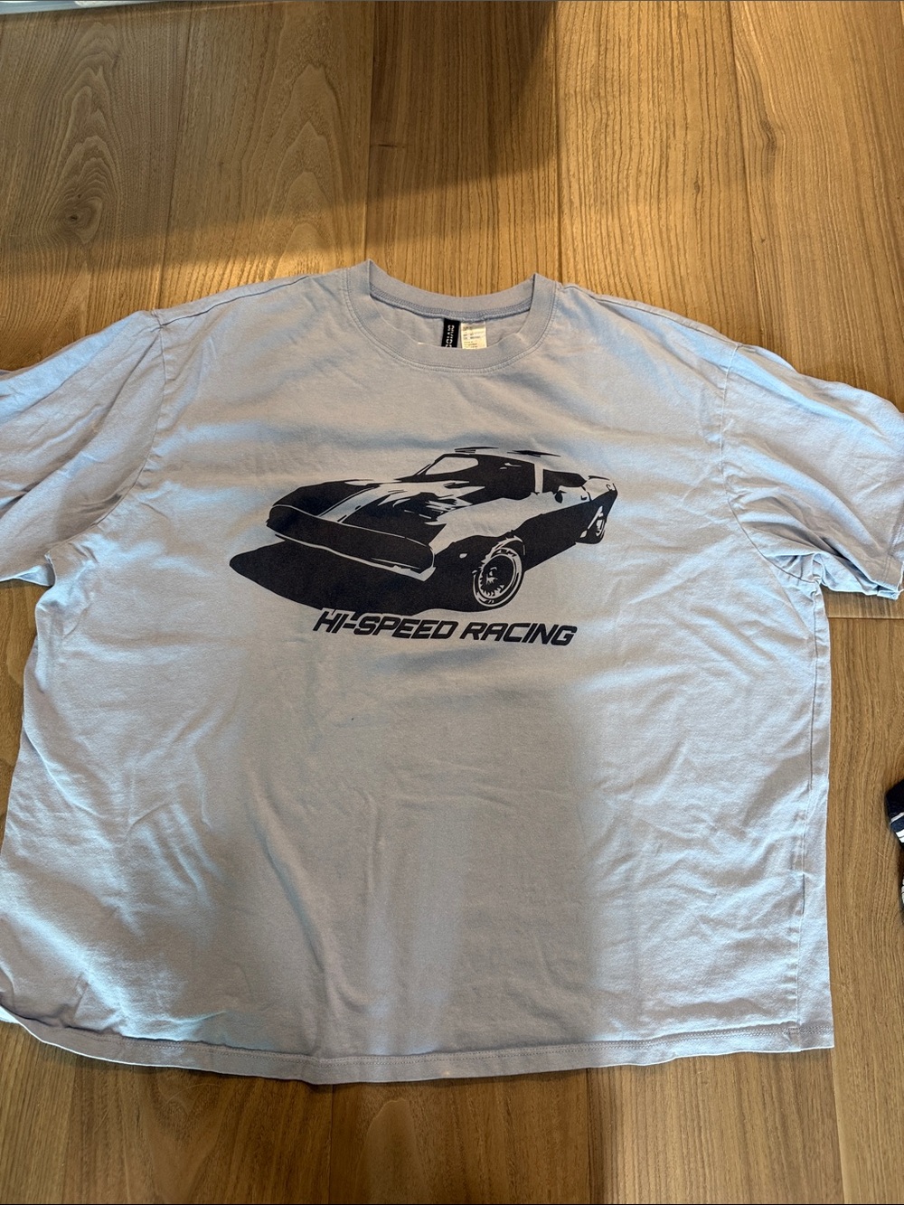 Divided Light Blue Short Sleeve Tee with Black Racing Car Graphic